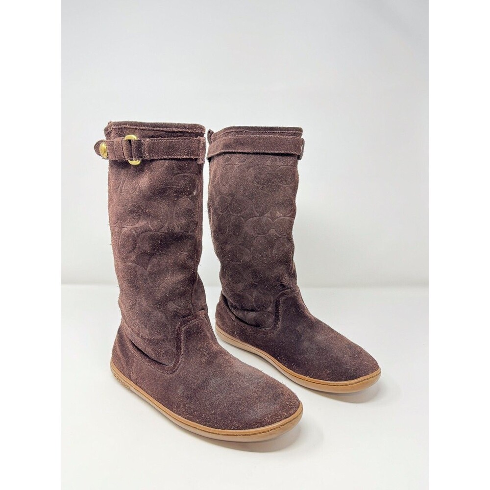Coach Womens Boots Brown Maressa Suede Mid Calf Monogram Logo Buckle US 7.5 B